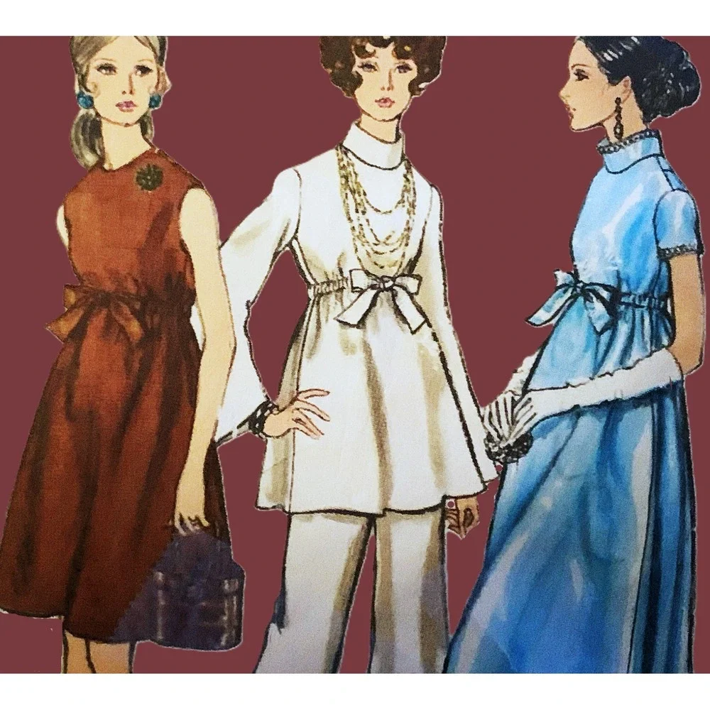 Vogue Pattern 60s Retro Empire Adj Dress Gown Wide Flared Pant EZ Maternity 34